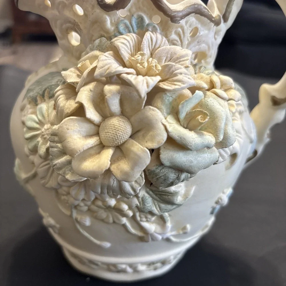 Capodimonte Porcelain Floral Pitcher Vase Reticulated Scalloped 7